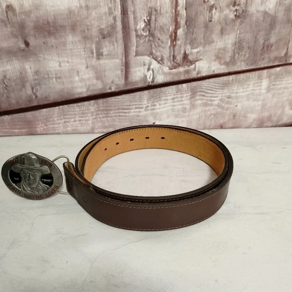 John Wayne Lives Brown Leather Belt with Silver Buckle Sz 42